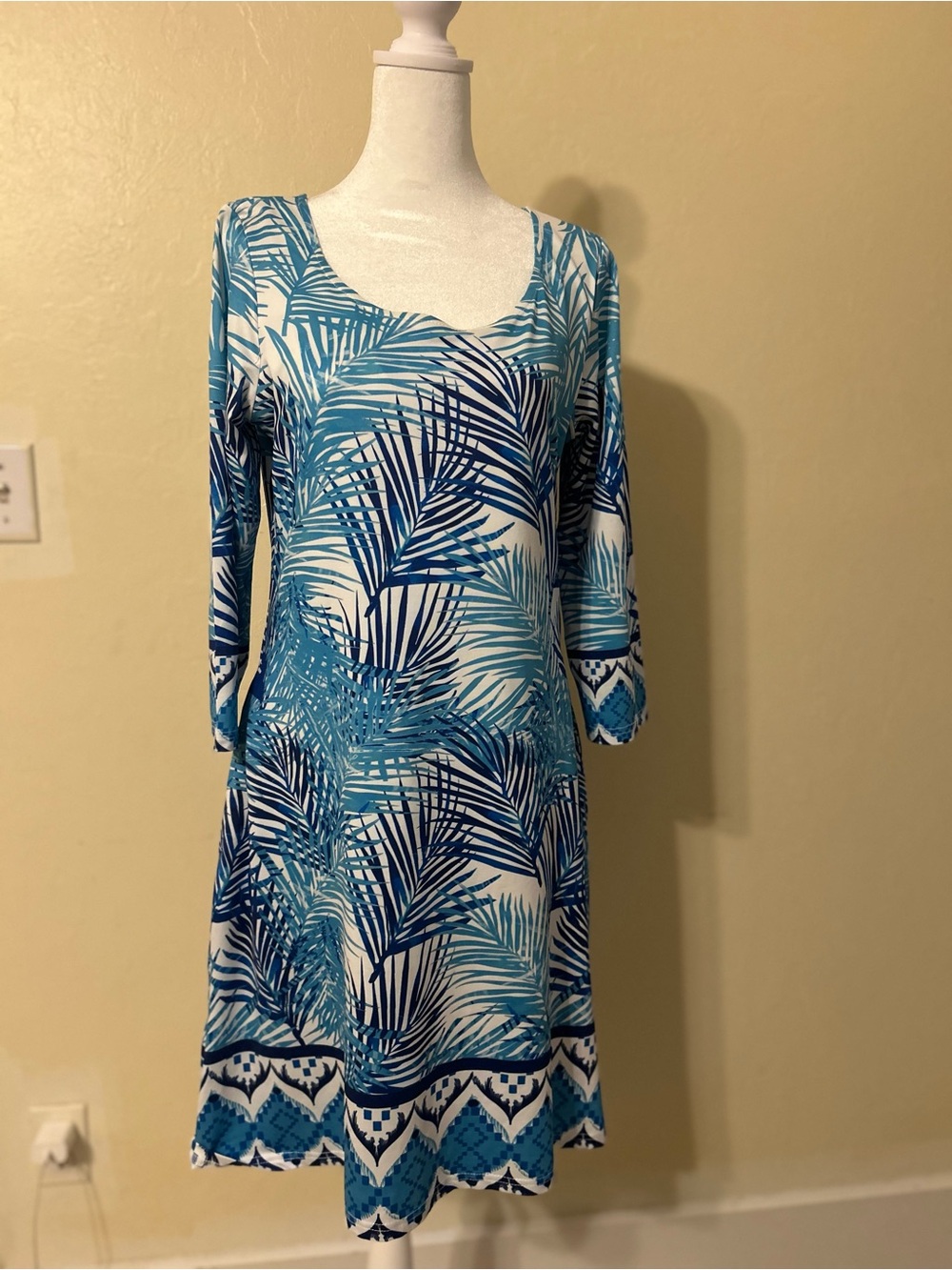 Blue Palm-Print Midi Dress with Scoop Neck